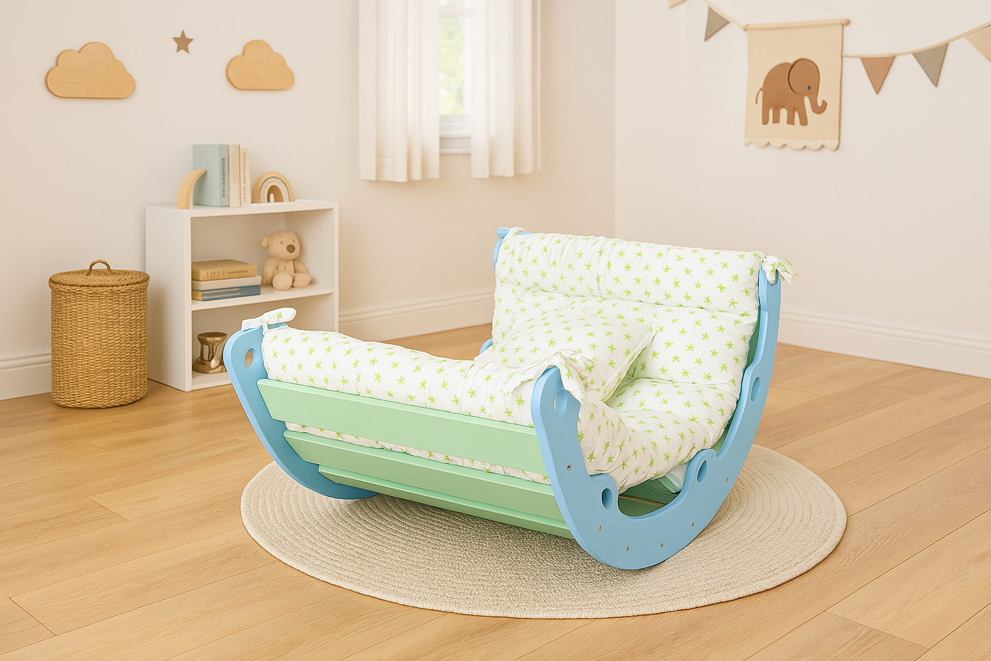 Balançoire en bois pour Bébé Confort avec Coussin Moelleux à Motifs Étoiles