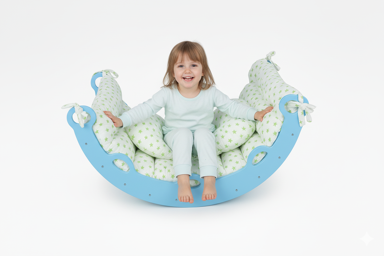 Balançoire en bois pour Bébé Confort avec Coussin Moelleux à Motifs Étoiles