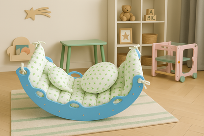 Balançoire en bois pour Bébé Confort avec Coussin Moelleux à Motifs Étoiles